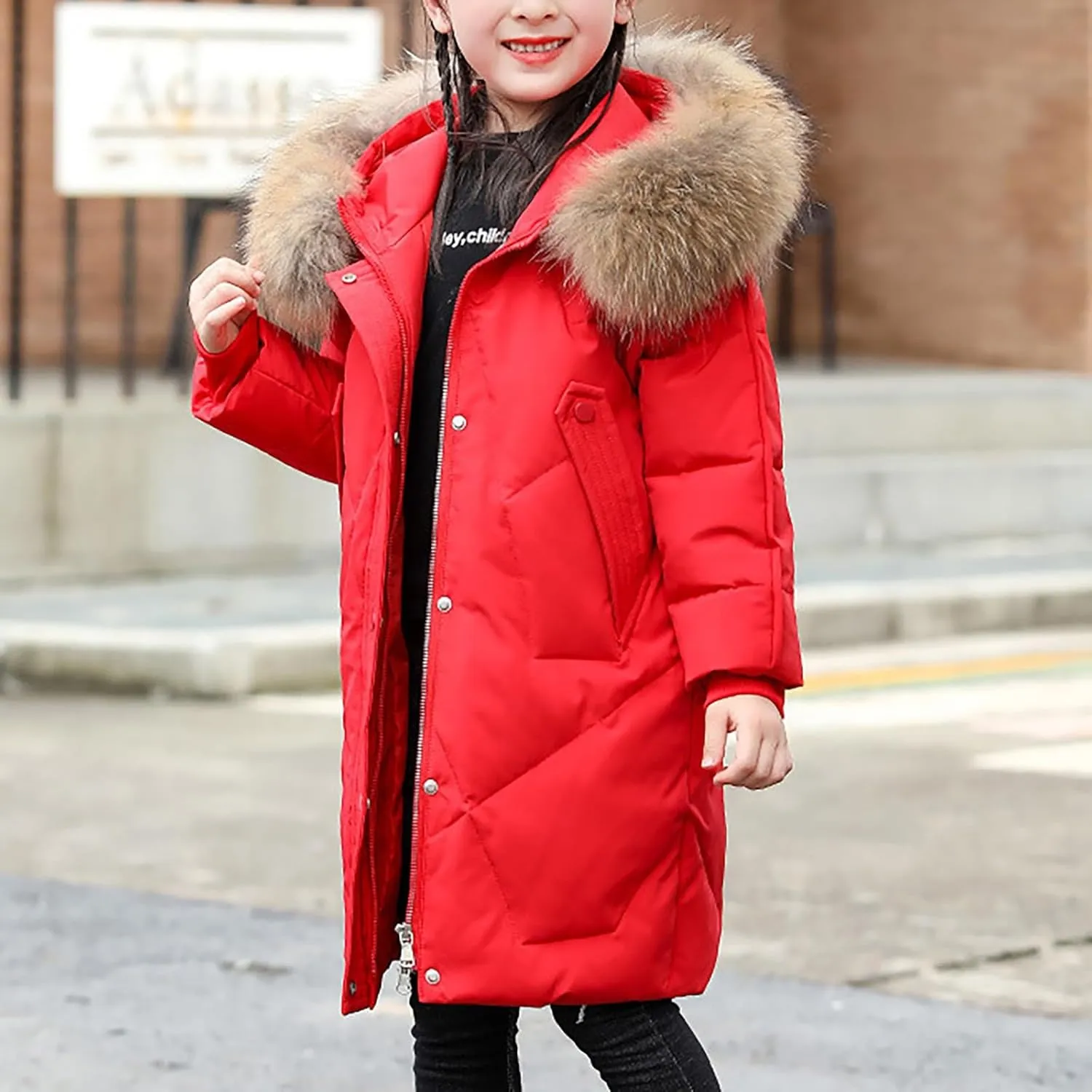 Teens Girls Long Heavyweight Puffer Jacket with Fur Hood Kids Fashion Thick Padded Down Jacket Winter Warm Outwear
