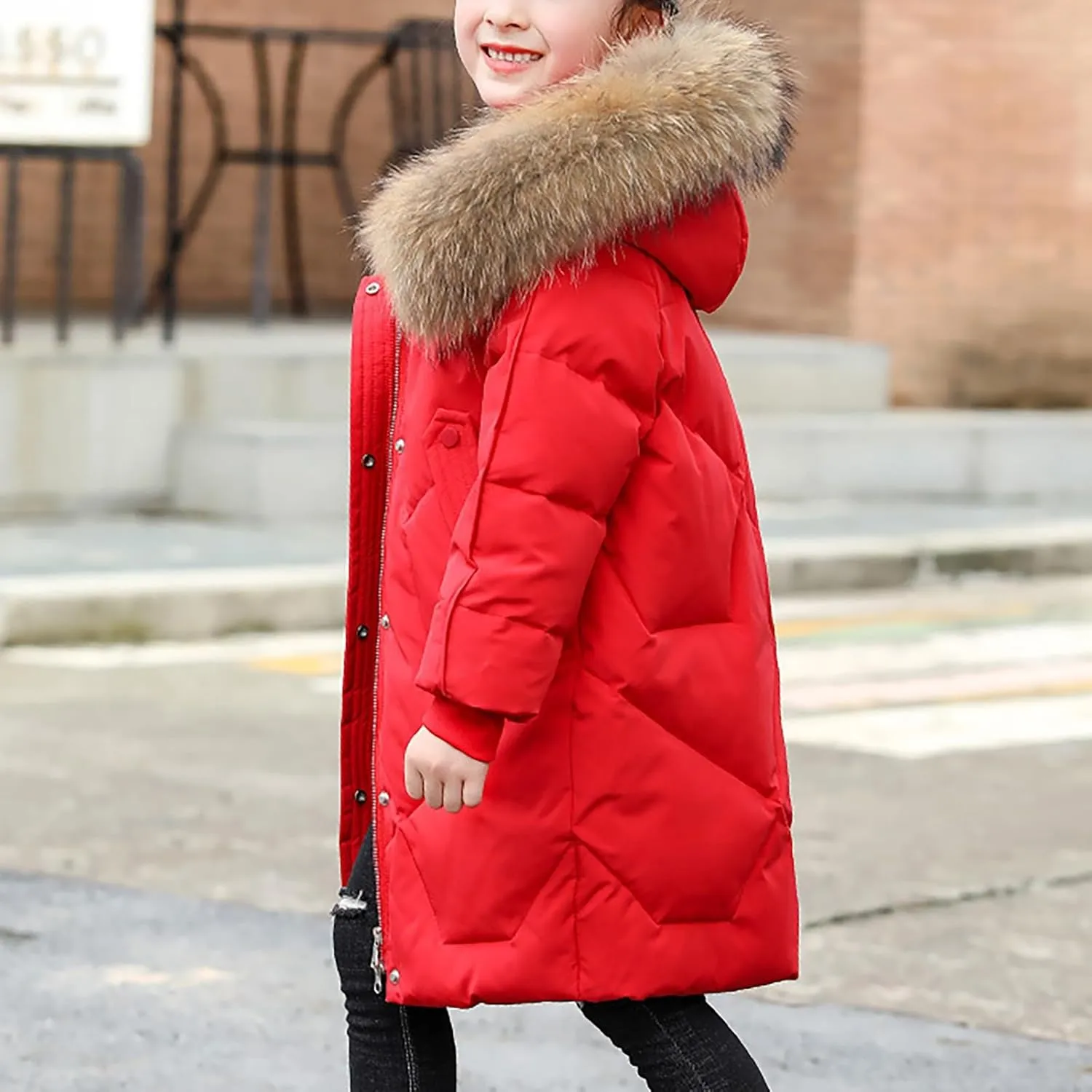 Teens Girls Long Heavyweight Puffer Jacket with Fur Hood Kids Fashion Thick Padded Down Jacket Winter Warm Outwear