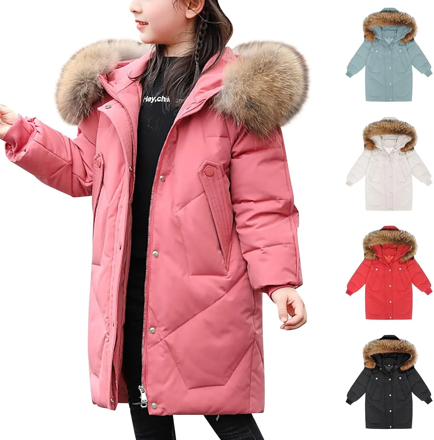Teens Girls Long Heavyweight Puffer Jacket with Fur Hood Kids Fashion Thick Padded Down Jacket Winter Warm Outwear