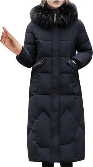 TIMIFIS Down Jacket Women with Fur Hood Plus Size Long Puffer Coats Chunky Quilted Overcoats Winter Warm Parka with Pocket