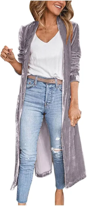 TIMIFIS Velvet Trench Coat Women Plus Size Winter Jackets Fashion Lightweight Jacket Open Front Long Cardigan with Pocket