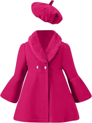 Toddler Girls Coat Outfit Double Breasted Notched Collar Wool Blend Long Trench Coat Hat Set Winter Warm Coats