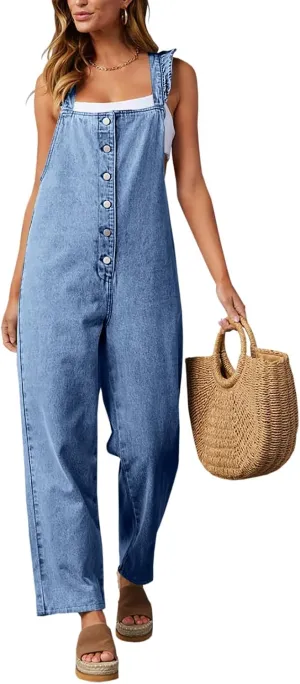 Tongmingyun Women's Loose Denim Overalls Jumpsuits Ruffle Sleeve Button Down Straight Leg Jeans Long Rompers