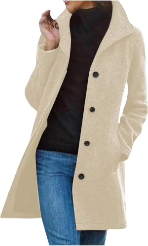 Trench Coat for Women 2024 Casual Lapel Single Breasted Pea Coat Trendy Winter Warm Wool Coats Mid-Long Overcoat