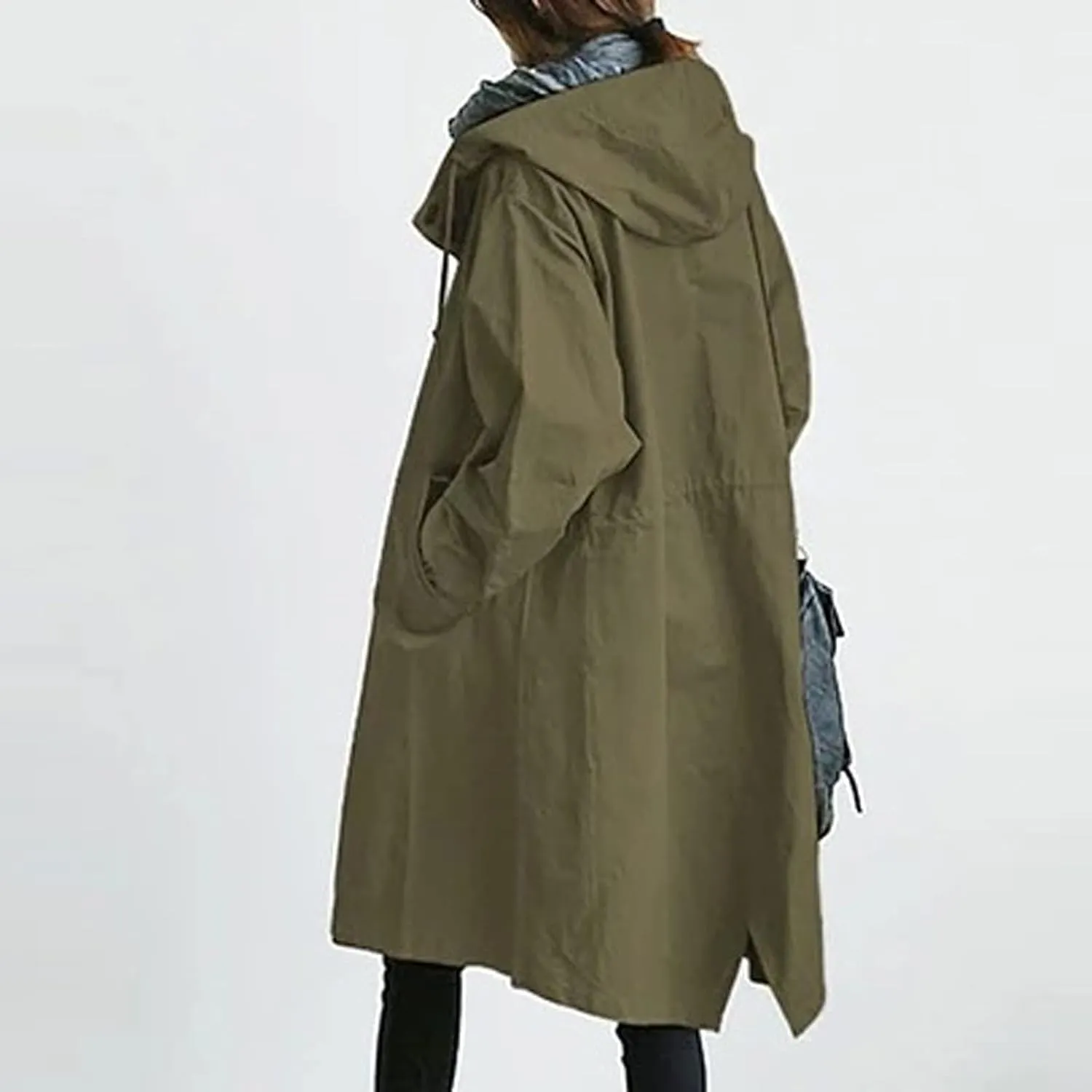 Trench Coat Women Casual Lightweight Single Breasted Hooded Trench Jacket Long Waterproof Windbreaker with Pocket