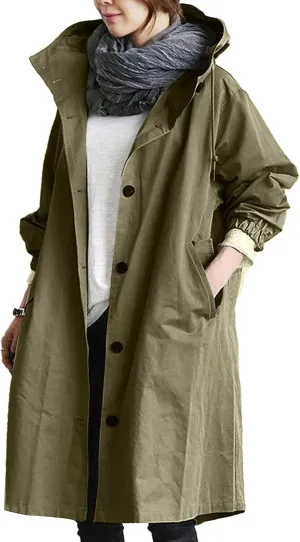 Trench Coat Women Casual Lightweight Single Breasted Hooded Trench Jacket Long Waterproof Windbreaker with Pocket