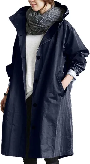 Trench Coat Women Casual Lightweight Single Breasted Hooded Trench Jacket Long Waterproof Windbreaker with Pocket
