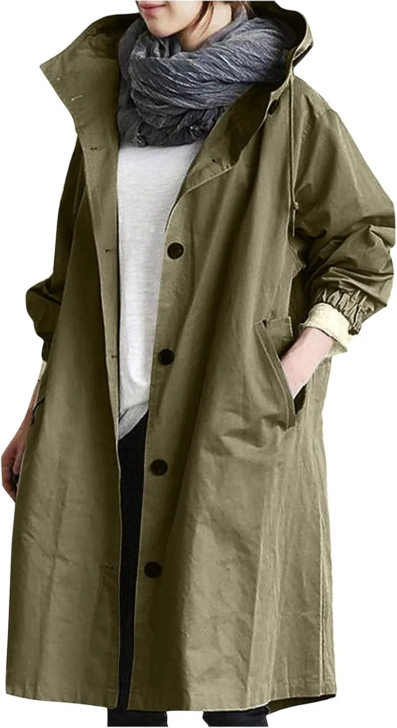 Trench Coat Women Casual Lightweight Single Breasted Hooded Trench Jacket Long Waterproof Windbreaker with Pocket