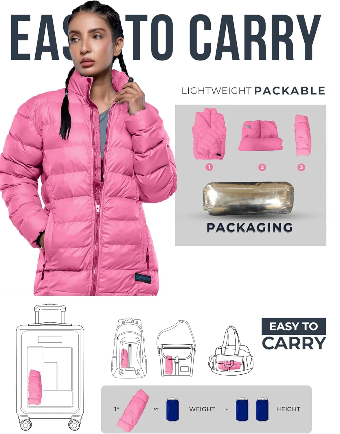 URBAN BUCK Packable Puffer Jacket Women with Hood  32 Degree Lightweight Quilted Winter Puff Foldable Jacket for Women