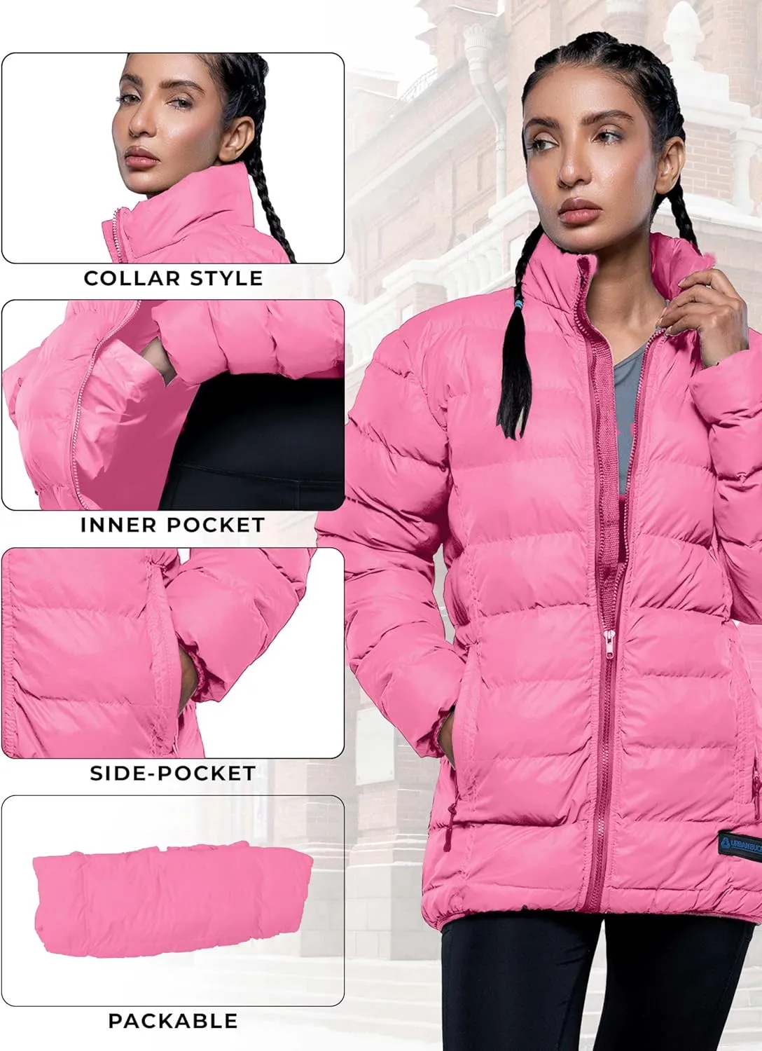 URBAN BUCK Packable Puffer Jacket Women with Hood  32 Degree Lightweight Quilted Winter Puff Foldable Jacket for Women