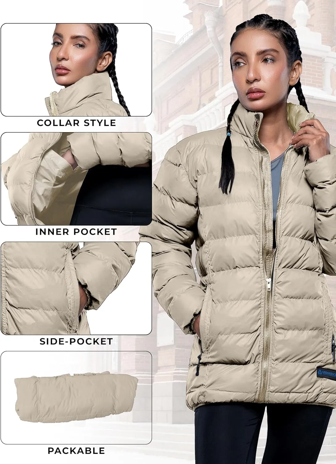 URBAN BUCK Packable Puffer Jacket Women with Hood  32 Degree Lightweight Quilted Winter Puff Foldable Jacket for Women