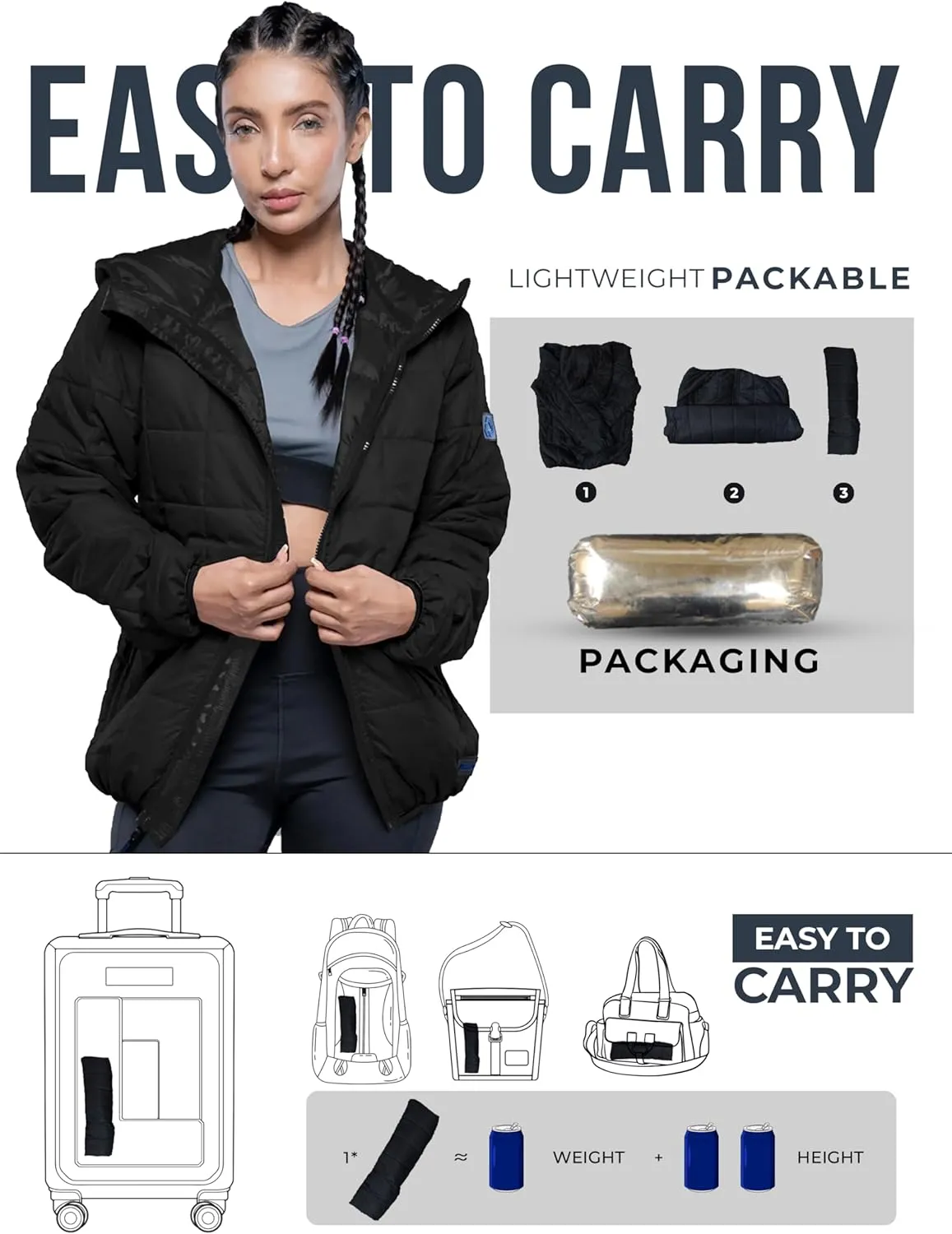 URBAN BUCK Packable Puffer Jacket Women with Hood  32 Degree Lightweight Quilted Winter Puff Foldable Jacket for Women