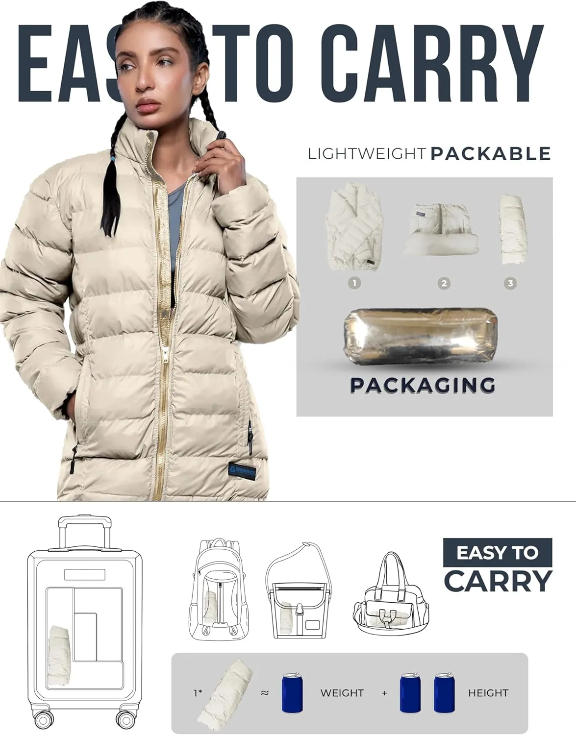 URBAN BUCK Packable Puffer Jacket Women with Hood  32 Degree Lightweight Quilted Winter Puff Foldable Jacket for Women