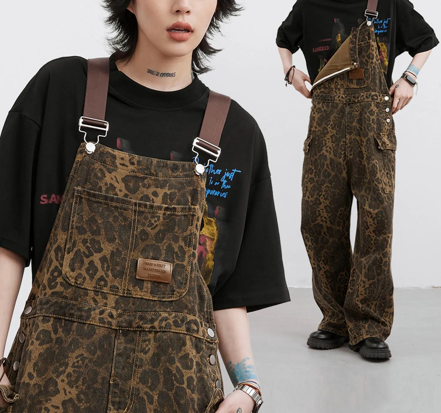 utcoco Women 2025 Fahsion Leopard Denim Bib Overalls Adjustable Straps Wide Leg Jeans Jumpsuits Rompers with Pockets