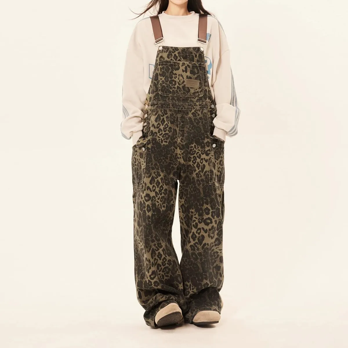 utcoco Women 2025 Fahsion Leopard Denim Bib Overalls Adjustable Straps Wide Leg Jeans Jumpsuits Rompers with Pockets