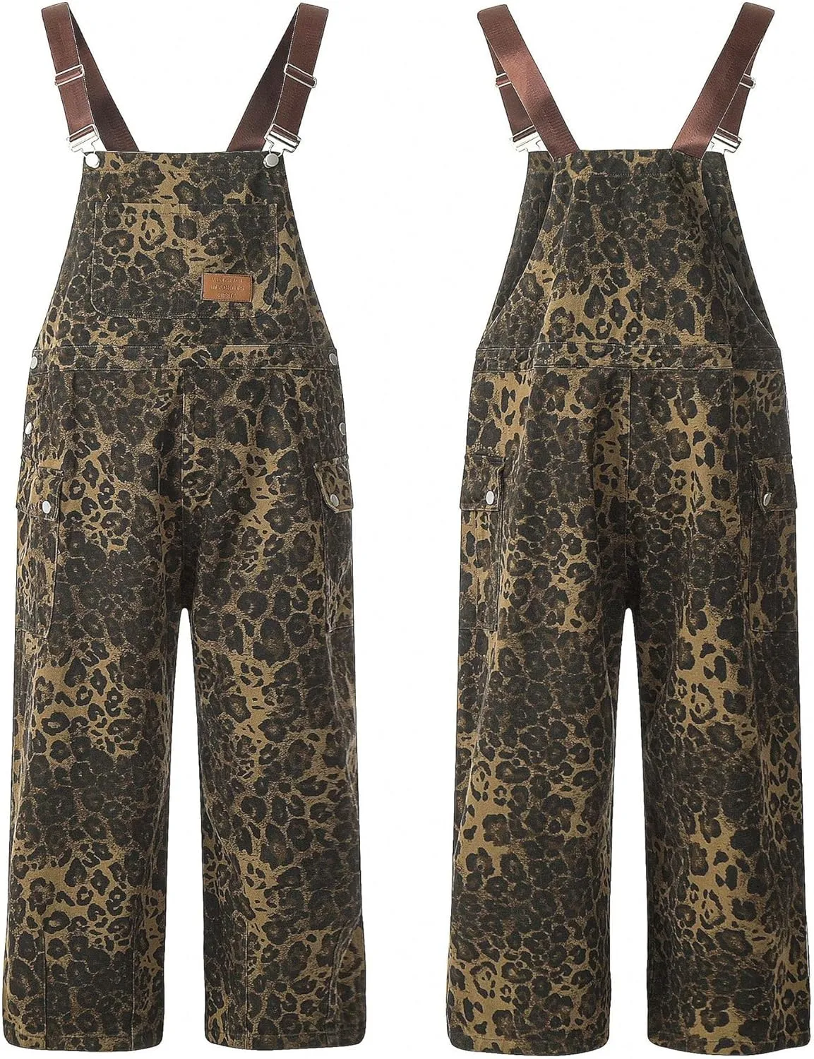 utcoco Women 2025 Fahsion Leopard Denim Bib Overalls Adjustable Straps Wide Leg Jeans Jumpsuits Rompers with Pockets