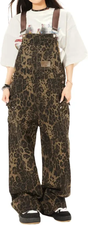 utcoco Women 2025 Fahsion Leopard Denim Bib Overalls Adjustable Straps Wide Leg Jeans Jumpsuits Rompers with Pockets