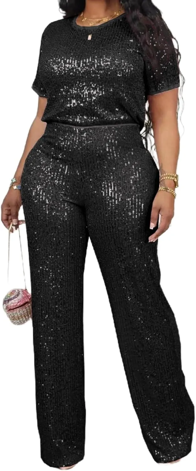 Vaceky Women's Sparkly Sequin T-Shirt & Pants Set Crewneck Short Sleeve Top Straight Leg Baggy Trouser Party Outfits