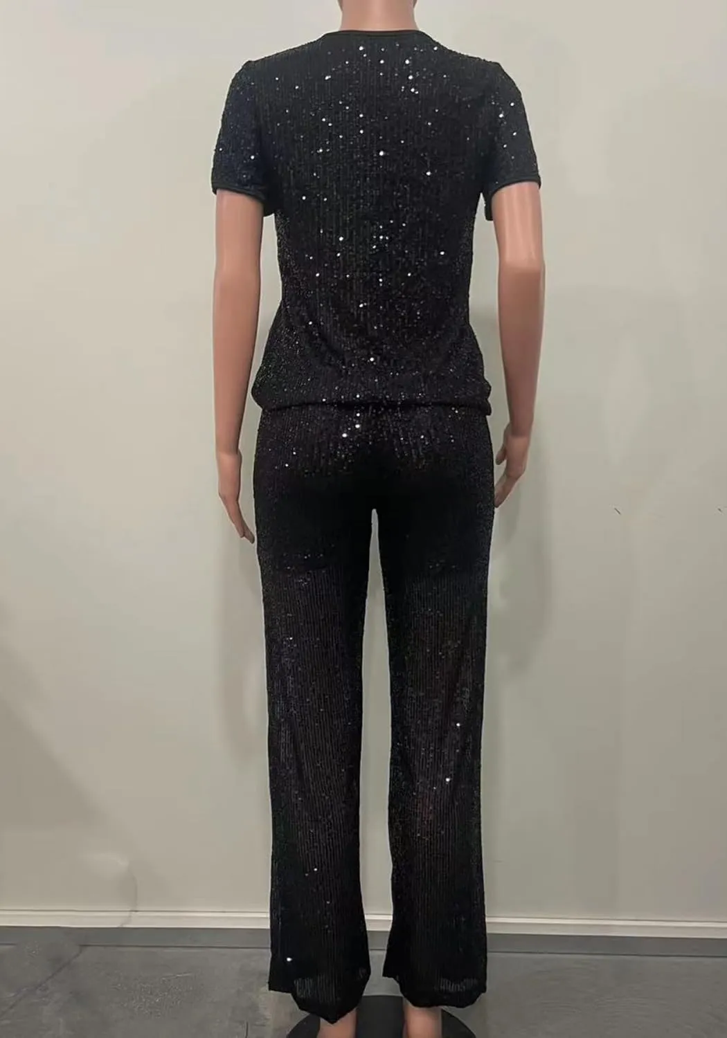 Vaceky Women's Sparkly Sequin T-Shirt & Pants Set Crewneck Short Sleeve Top Straight Leg Baggy Trouser Party Outfits
