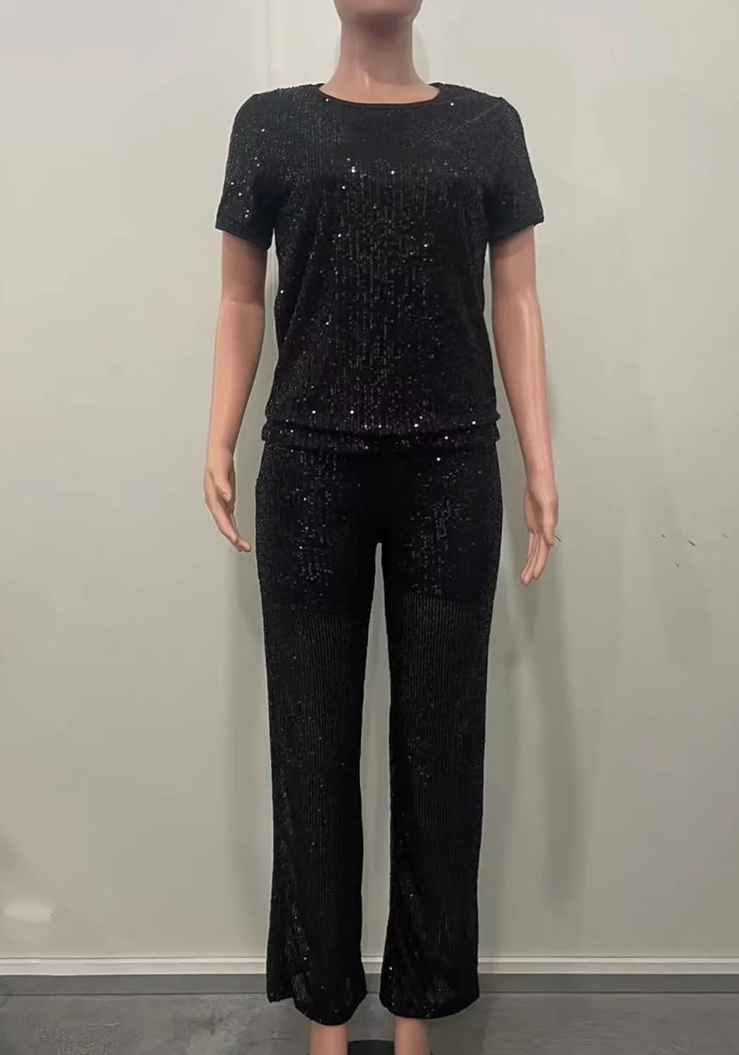 Vaceky Women's Sparkly Sequin T-Shirt & Pants Set Crewneck Short Sleeve Top Straight Leg Baggy Trouser Party Outfits