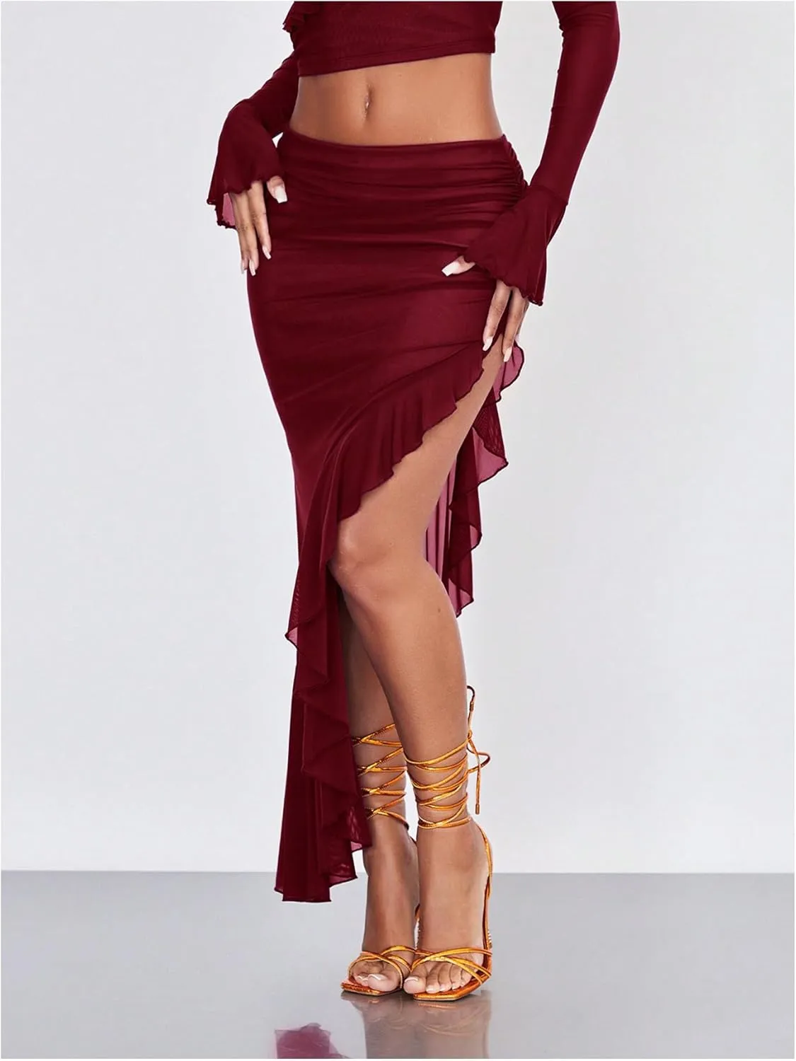 Verdusa Women's Asymmetrical High Slit Mesh Long Skirts Ruffle Hem Ruched Flowy Bodycon Skirt