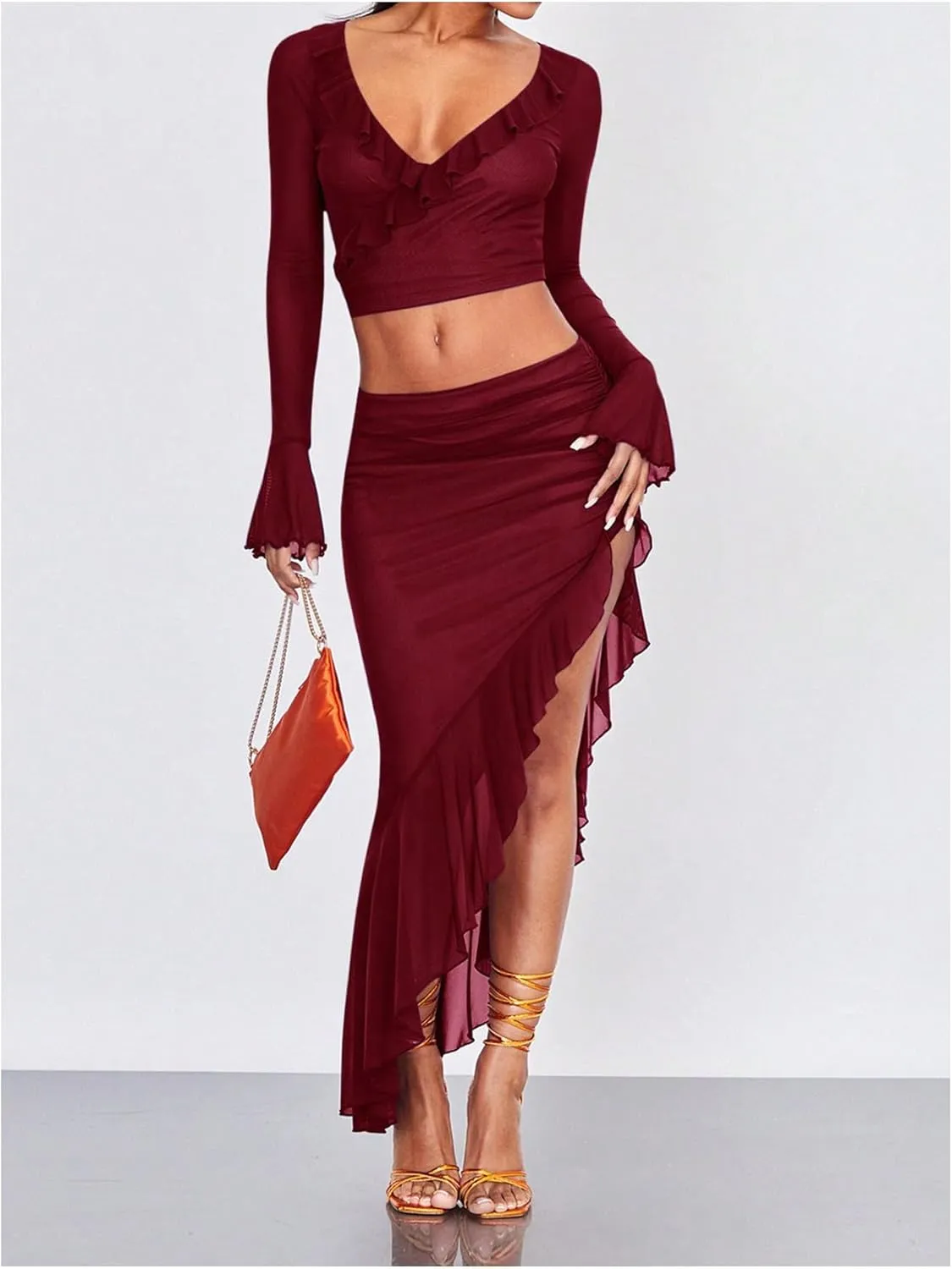 Verdusa Women's Asymmetrical High Slit Mesh Long Skirts Ruffle Hem Ruched Flowy Bodycon Skirt