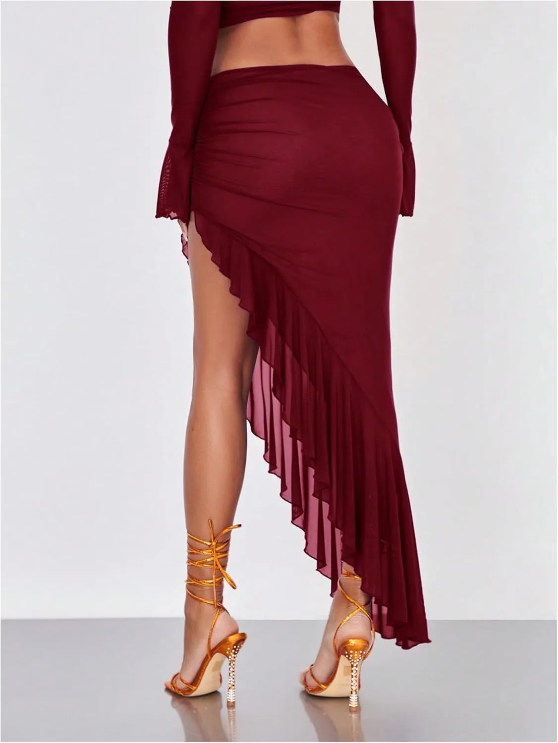 Verdusa Women's Asymmetrical High Slit Mesh Long Skirts Ruffle Hem Ruched Flowy Bodycon Skirt