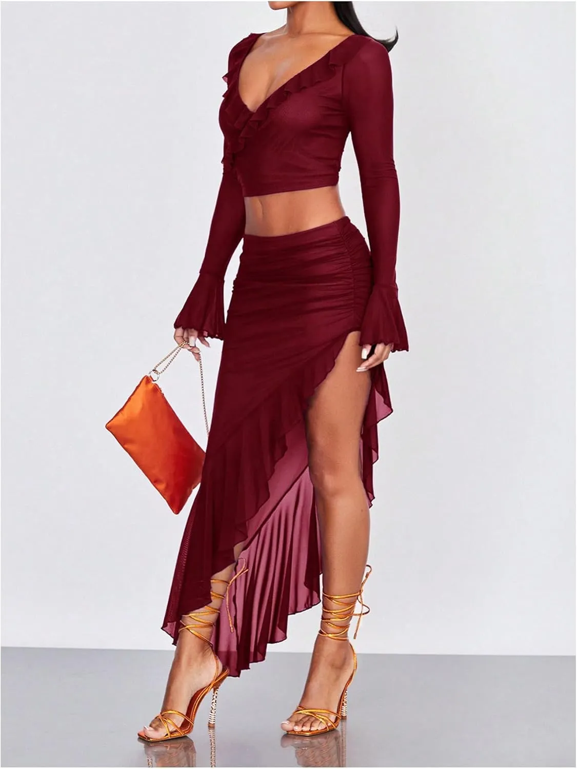 Verdusa Women's Asymmetrical High Slit Mesh Long Skirts Ruffle Hem Ruched Flowy Bodycon Skirt