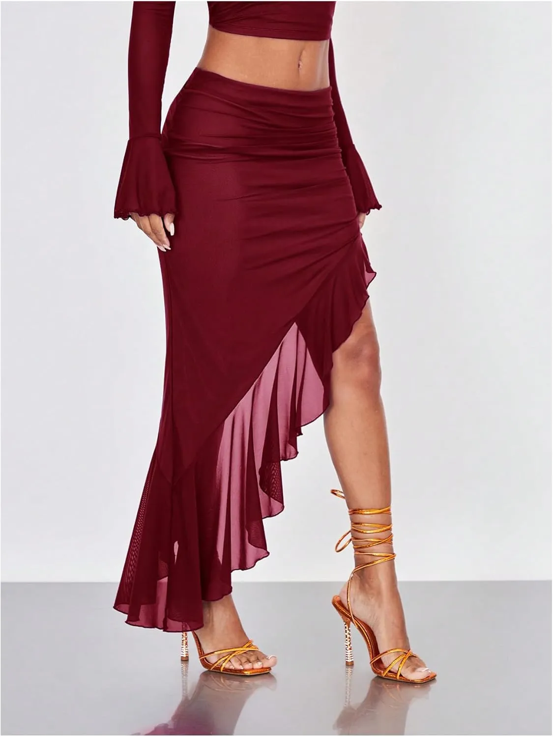Verdusa Women's Asymmetrical High Slit Mesh Long Skirts Ruffle Hem Ruched Flowy Bodycon Skirt
