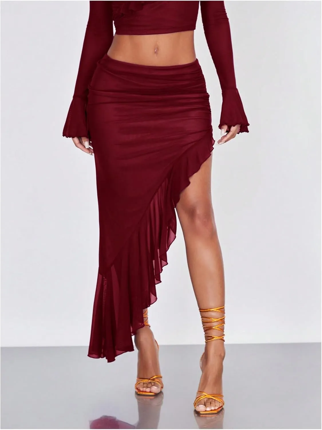 Verdusa Women's Asymmetrical High Slit Mesh Long Skirts Ruffle Hem Ruched Flowy Bodycon Skirt