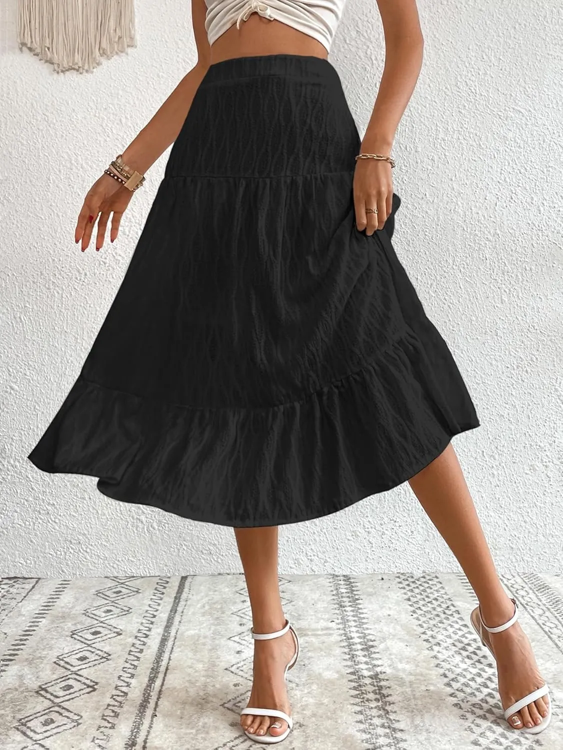 Verdusa Women's Elastic High Waist Ruffle Hem Solid A Line Flowy Midi Skirt