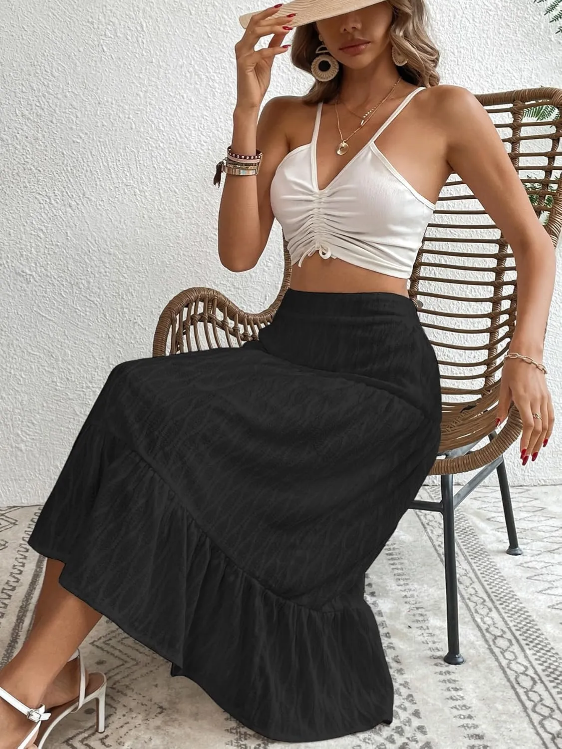 Verdusa Women's Elastic High Waist Ruffle Hem Solid A Line Flowy Midi Skirt