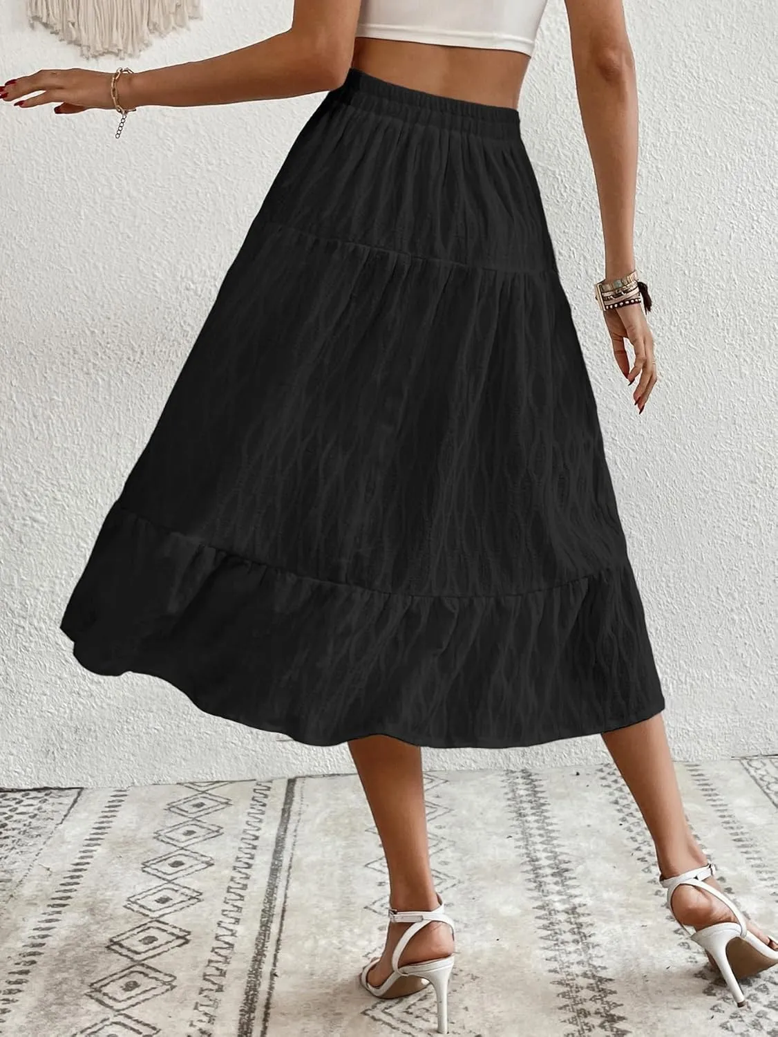 Verdusa Women's Elastic High Waist Ruffle Hem Solid A Line Flowy Midi Skirt