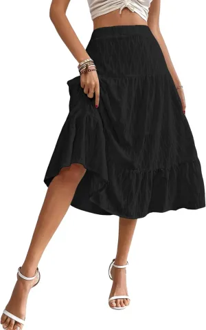Verdusa Women's Elastic High Waist Ruffle Hem Solid A Line Flowy Midi Skirt