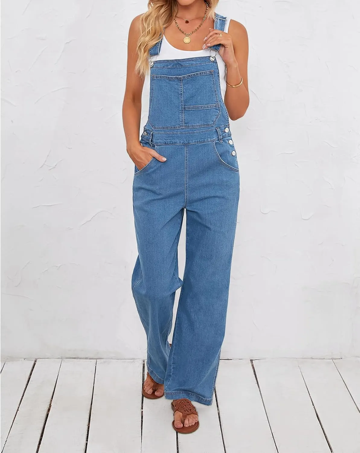Vetinee Jean Overalls for Women Loose Fit Stretchy Denim Jumpsuit Baggy Bib Casual Straight Leg Pocket Dungaree Overall