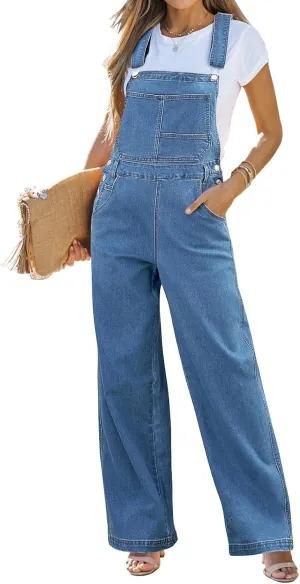 Vetinee Jean Overalls for Women Loose Fit Stretchy Denim Jumpsuit Baggy Bib Casual Straight Leg Pocket Dungaree Overall