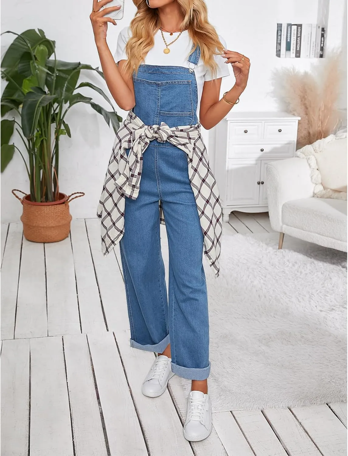 Vetinee Jean Overalls for Women Loose Fit Stretchy Denim Jumpsuit Baggy Bib Casual Straight Leg Pocket Dungaree Overall