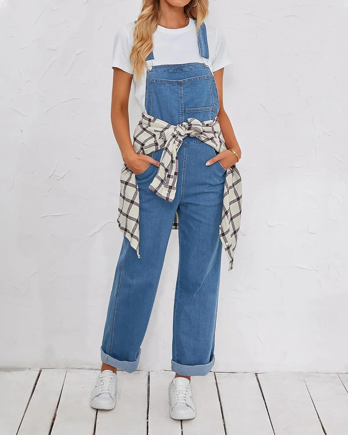 Vetinee Jean Overalls for Women Loose Fit Stretchy Denim Jumpsuit Baggy Bib Casual Straight Leg Pocket Dungaree Overall