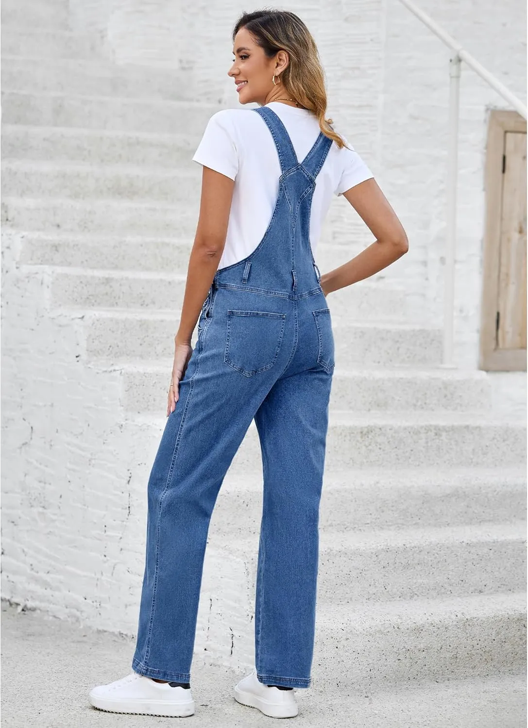 Vetinee Jean Overalls for Women Loose Fit Stretchy Denim Jumpsuit Baggy Bib Casual Straight Leg Pocket Dungaree Overall