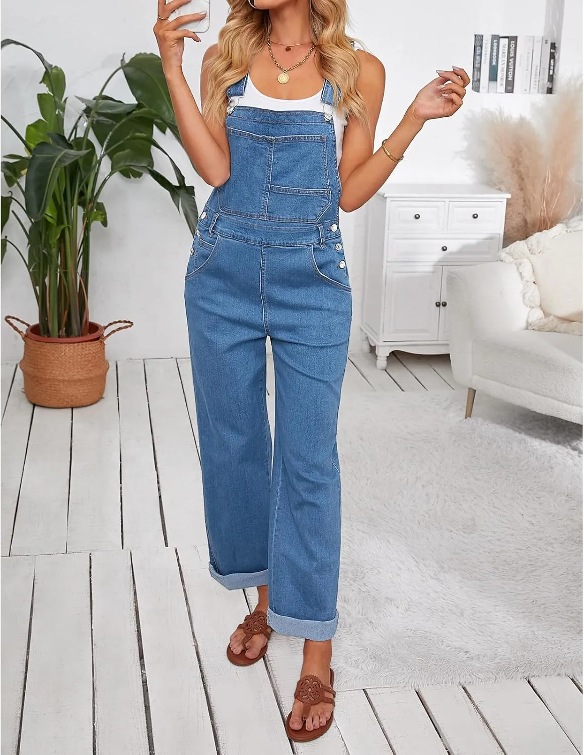 Vetinee Jean Overalls for Women Loose Fit Stretchy Denim Jumpsuit Baggy Bib Casual Straight Leg Pocket Dungaree Overall