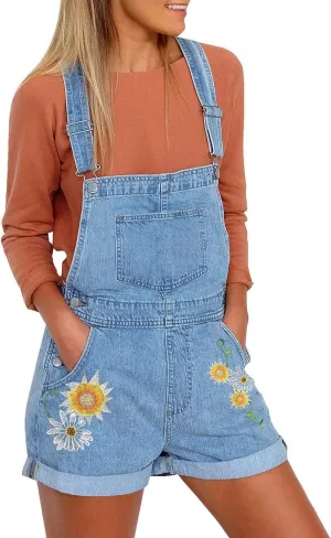 Vetinee Women's Classic Adjustable Straps Cuffed Hem Denim Bib Overalls Shorts