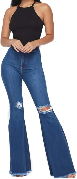 Vibrant Women's Juniors Bell Bottom High Waist Fitted Denim Jeans