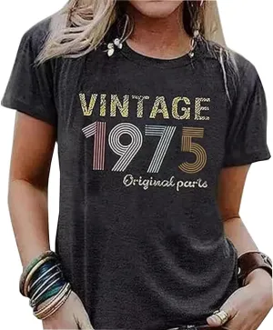 Vintage 1975 T-Shirt for Women 50th Birthday Gift Shirts Funny Flower Graphic Retro Birthday Casual Tee Tops