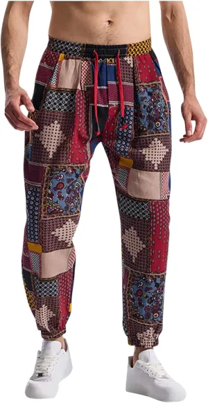 Vintage Ethnic Print Linen Harem Pants for Men Drawstring Casual Streetwear Hippie Yoga Pants with Pockets