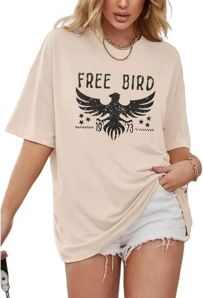 Vintage Rock Band T-Shirts for Women Retro Free Bird Eagle Graphic Country Music Tees Casual Loose Short Sleeve Tops