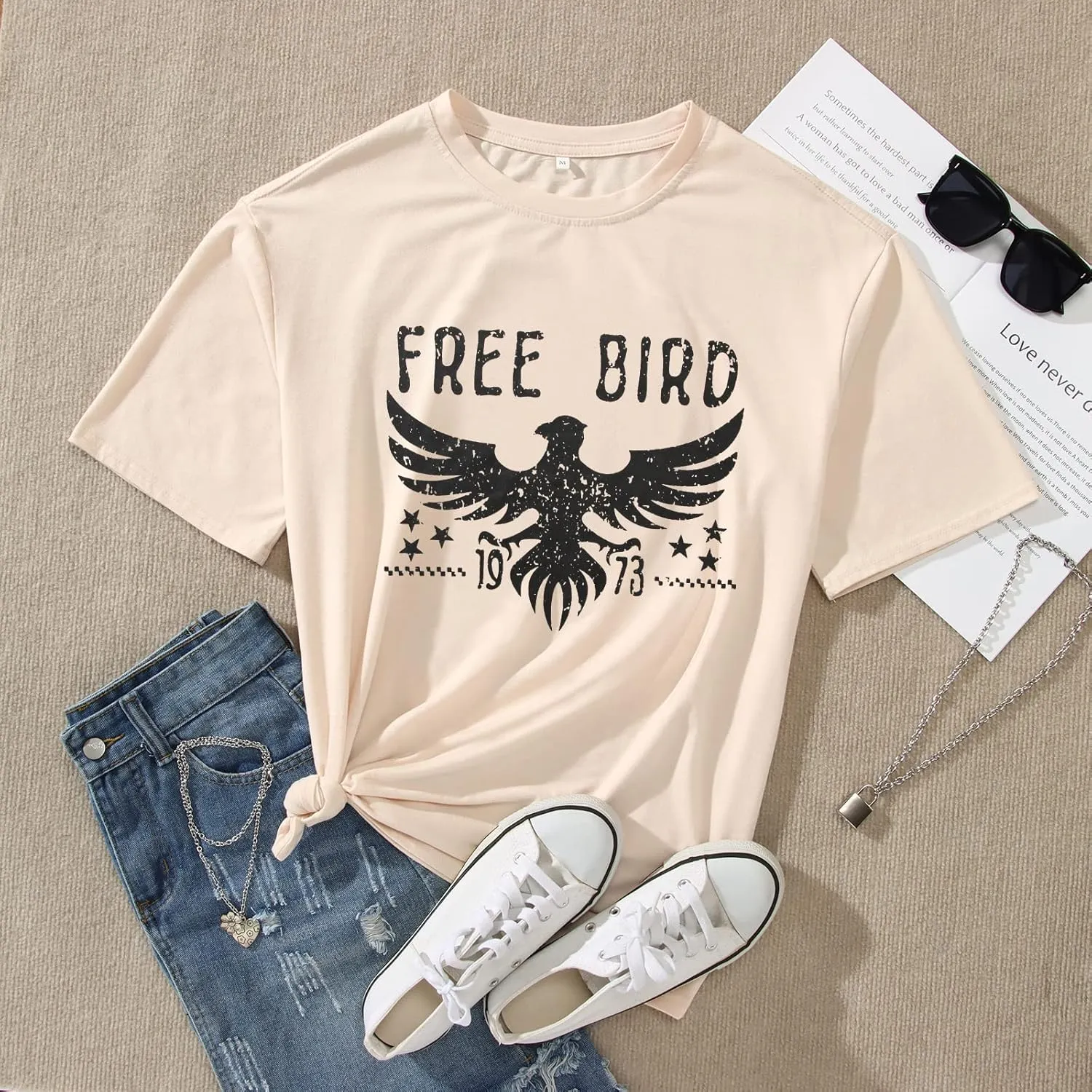 Vintage Rock Band T-Shirts for Women Retro Free Bird Eagle Graphic Country Music Tees Casual Loose Short Sleeve Tops