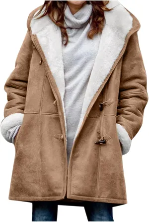 Warm Jackets for Women,Womens Winter Trench Coats Zip Up Breasted Long Sleeve Hooded Fleece Jacket Fuzzy Pea Coat
