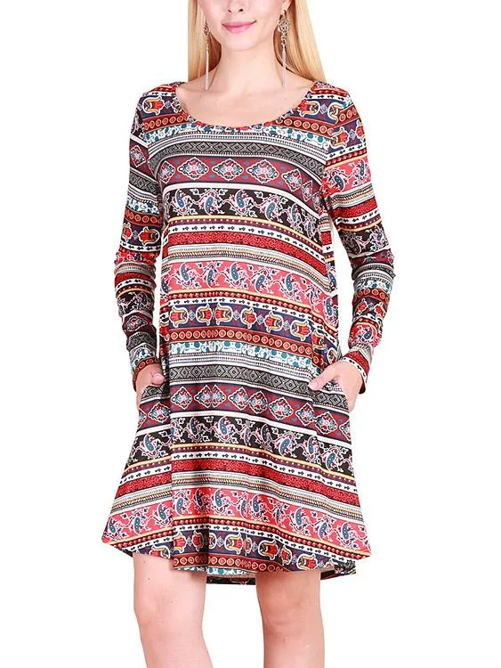 Wholesale Round Neck Long Sleeve Geometrical Casual Dress