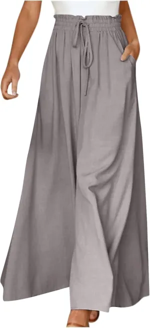 Wide Leg Dress Pants for Women Drawstring Pants Casual High Waisted Baggy Chiffon Palazzo Pant Lounge Beach Trousers