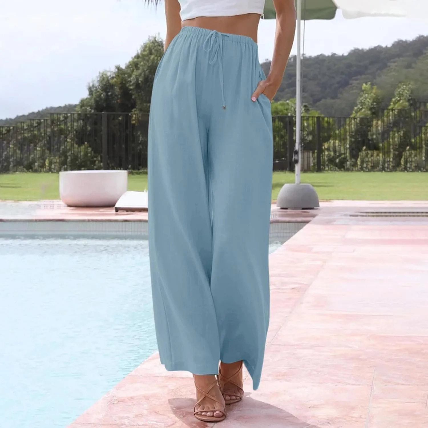 Wide Leg Linen Pants for Women Casual Summer Loose Fit Flowy Beach Pants with Pockets Elastic High Waisted Vacation Trousers